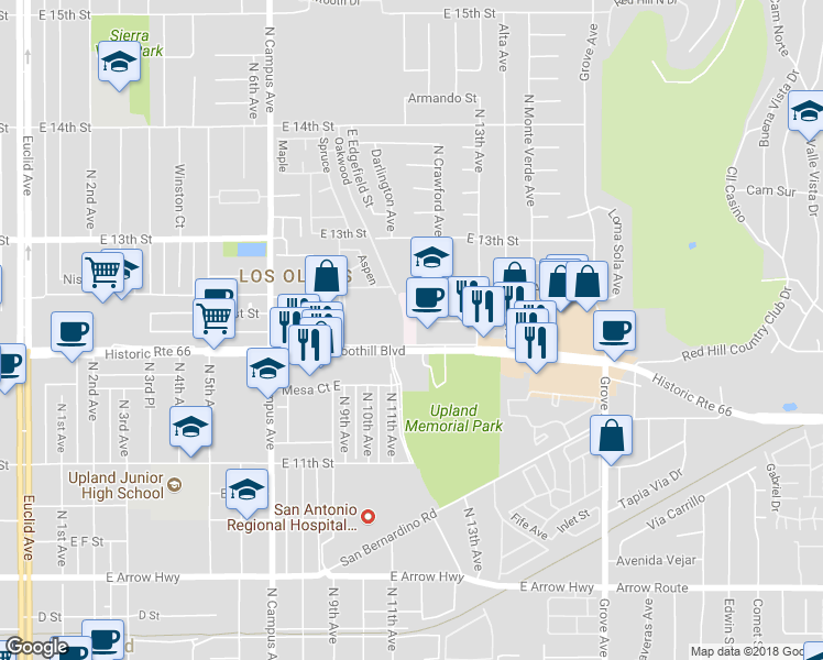map of restaurants, bars, coffee shops, grocery stores, and more near 1183 East Foothill Boulevard in Upland