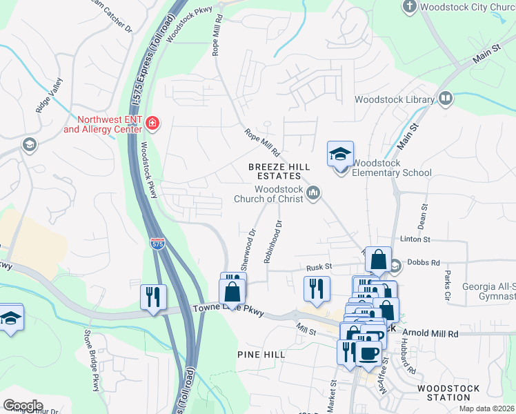 map of restaurants, bars, coffee shops, grocery stores, and more near 508 Friar Tuck Drive in Woodstock