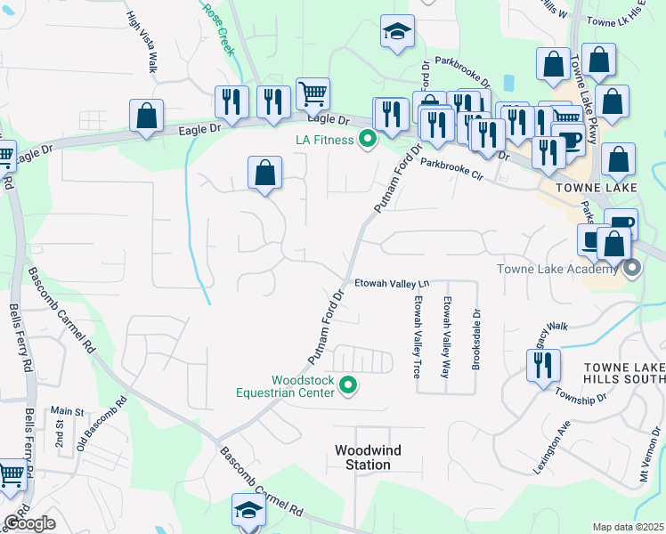 map of restaurants, bars, coffee shops, grocery stores, and more near 2004 Spicers Lane in Woodstock