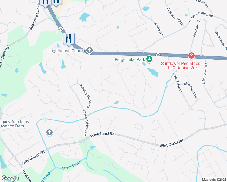 map of restaurants, bars, coffee shops, grocery stores, and more near 5505 Silk Oak Way in Sugar Hill