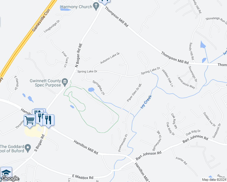 map of restaurants, bars, coffee shops, grocery stores, and more near 4096 Springlake Circle in Buford