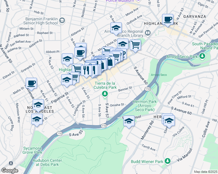 map of restaurants, bars, coffee shops, grocery stores, and more near 2 South Avenue 57 in Los Angeles