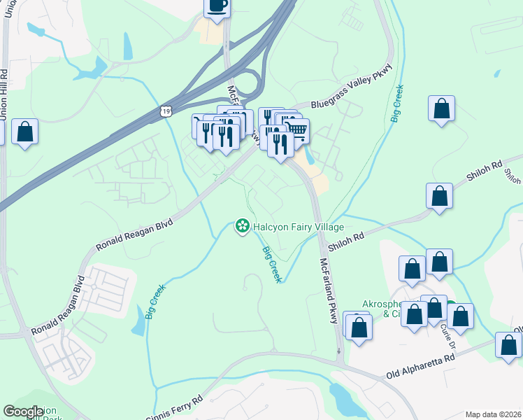 map of restaurants, bars, coffee shops, grocery stores, and more near 6370 Halcyon Garden Drive in Alpharetta