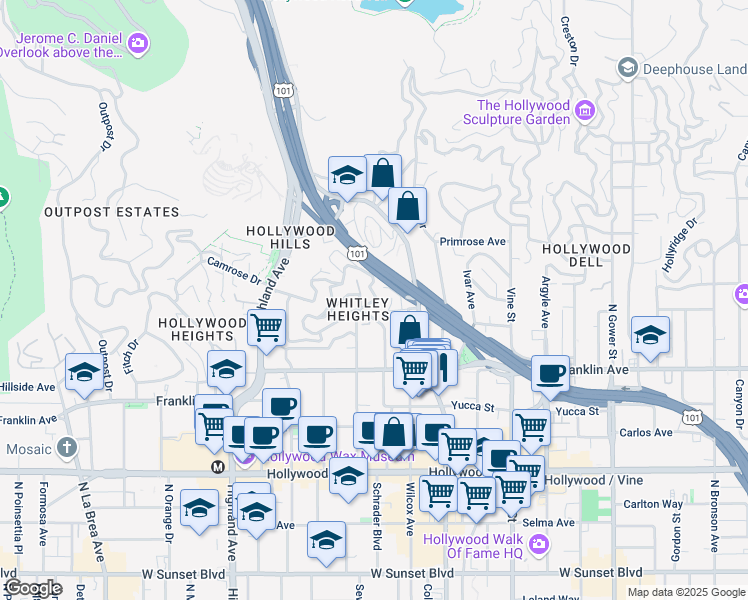 map of restaurants, bars, coffee shops, grocery stores, and more near 2015 Whitley Avenue in Los Angeles