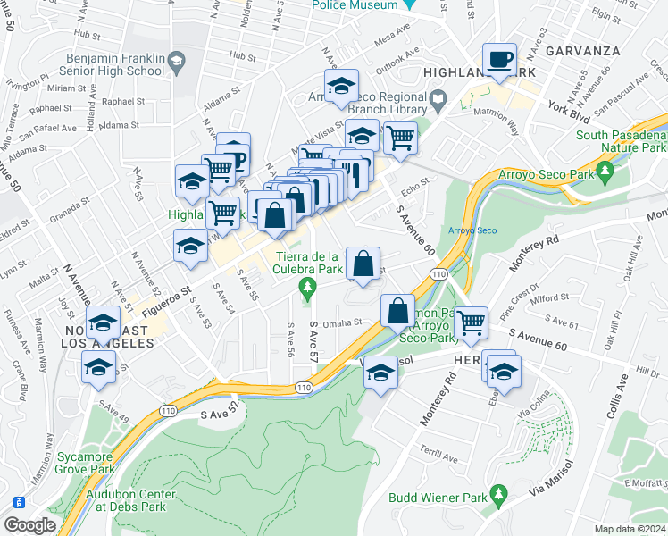 map of restaurants, bars, coffee shops, grocery stores, and more near 5733 Benner Street in Los Angeles