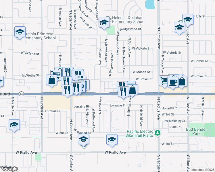 map of restaurants, bars, coffee shops, grocery stores, and more near 1061 West Clover Avenue in Rialto