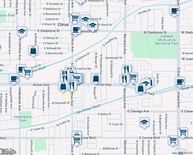 map of restaurants, bars, coffee shops, grocery stores, and more near 18725 East Arrow Highway in Covina