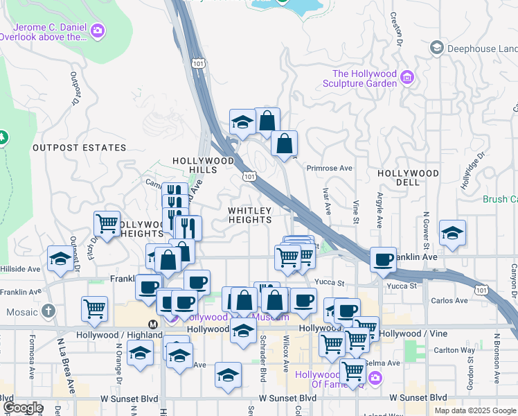map of restaurants, bars, coffee shops, grocery stores, and more near 2015 Whitley Avenue in Los Angeles
