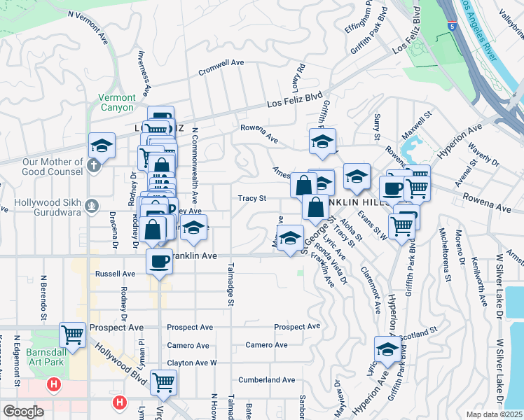 map of restaurants, bars, coffee shops, grocery stores, and more near 4133 Holly Knoll Drive in Los Angeles