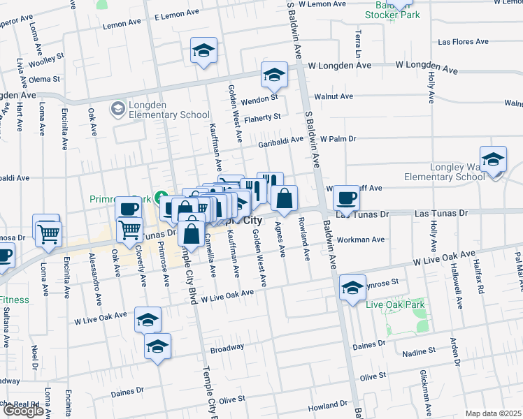 map of restaurants, bars, coffee shops, grocery stores, and more near 9815 Las Tunas Drive in Temple City