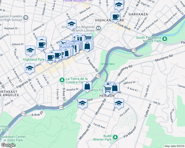 map of restaurants, bars, coffee shops, grocery stores, and more near 5952 Benner Street in Los Angeles