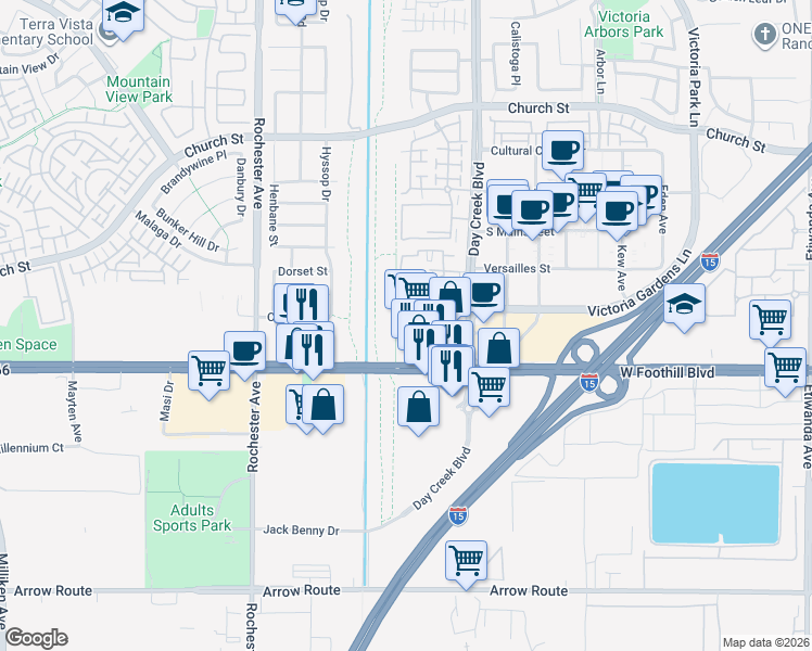 map of restaurants, bars, coffee shops, grocery stores, and more near 12190 East Foothill Boulevard in Rancho Cucamonga