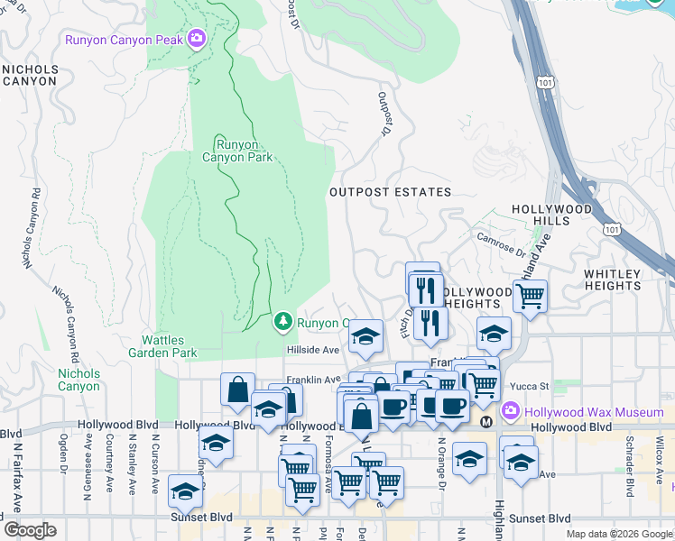 map of restaurants, bars, coffee shops, grocery stores, and more near 2000 3/4 La Brea Terrace in Los Angeles