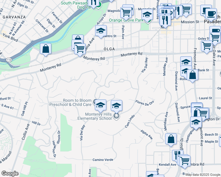 map of restaurants, bars, coffee shops, grocery stores, and more near 519 Alta Vista Avenue in South Pasadena