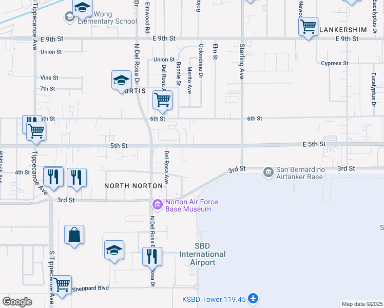 map of restaurants, bars, coffee shops, grocery stores, and more near East 5th Street in San Bernardino