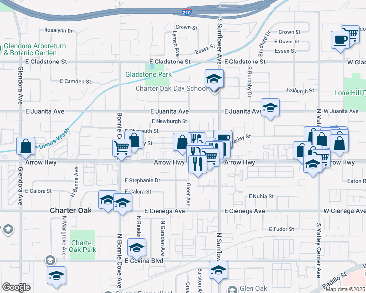map of restaurants, bars, coffee shops, grocery stores, and more near 757 East Arrow Highway in Glendora