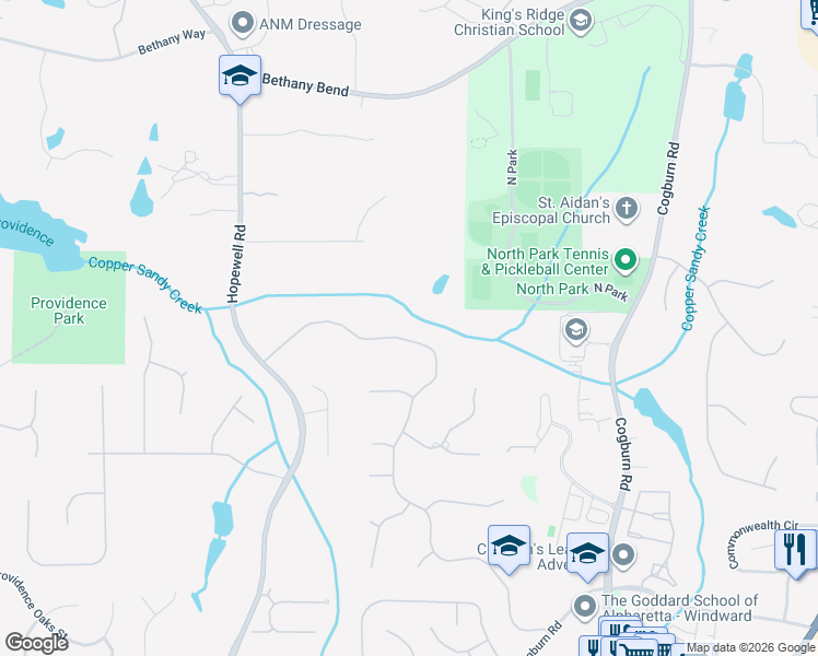 map of restaurants, bars, coffee shops, grocery stores, and more near 2390 Hopewell Plantation Drive in Alpharetta