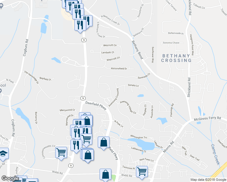 map of restaurants, bars, coffee shops, grocery stores, and more near 13315 Avensong Ives Way in Alpharetta