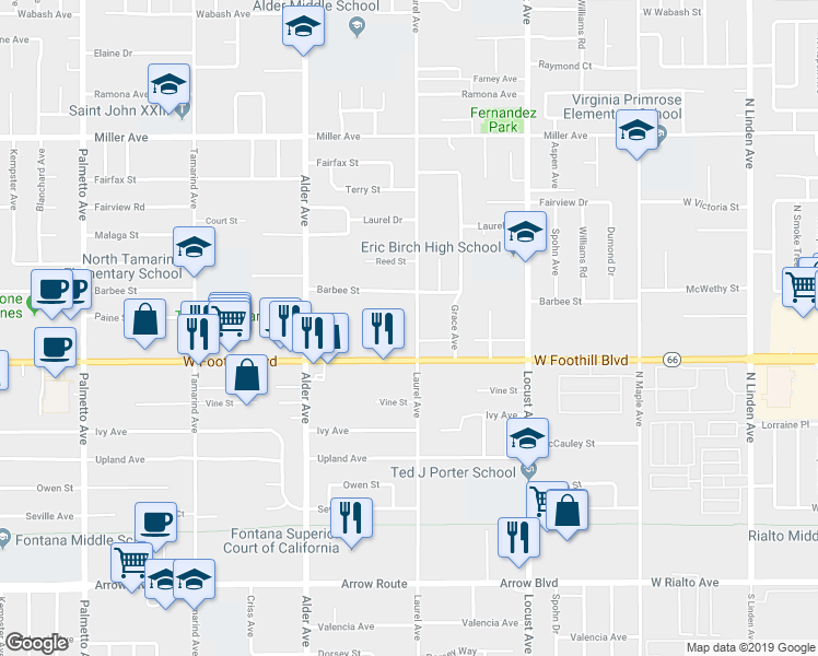 map of restaurants, bars, coffee shops, grocery stores, and more near 8042 Laurel Avenue in Fontana