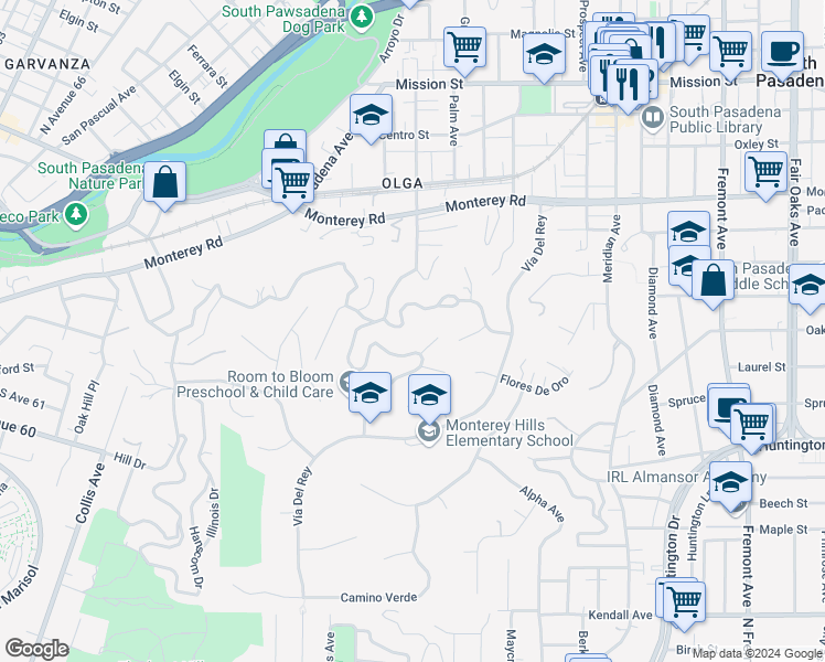 map of restaurants, bars, coffee shops, grocery stores, and more near 519 Alta Vista Avenue in South Pasadena
