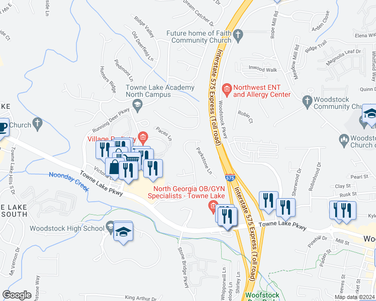 map of restaurants, bars, coffee shops, grocery stores, and more near 182 Stoneforest Drive in Woodstock