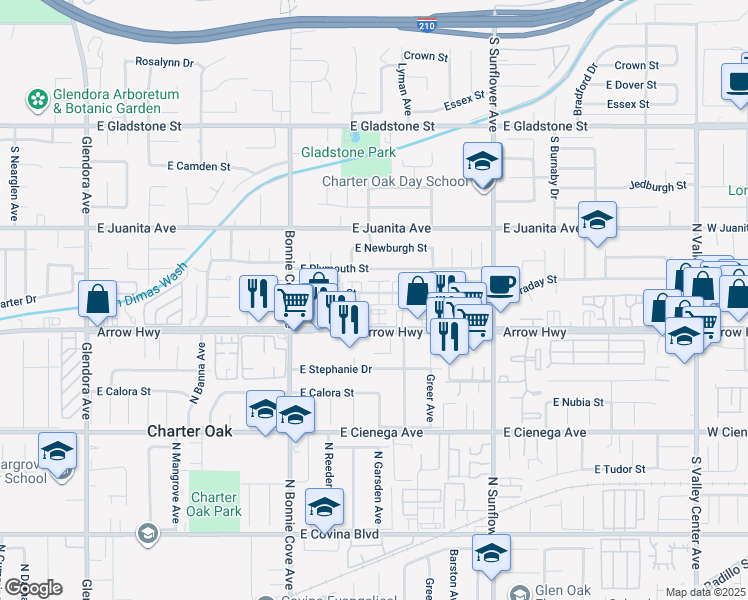 map of restaurants, bars, coffee shops, grocery stores, and more near 644 Claraday Street in Glendora