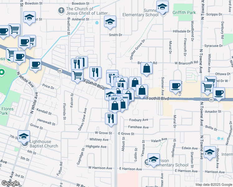map of restaurants, bars, coffee shops, grocery stores, and more near Foothill Boulevard & North Garey Avenue in Pomona