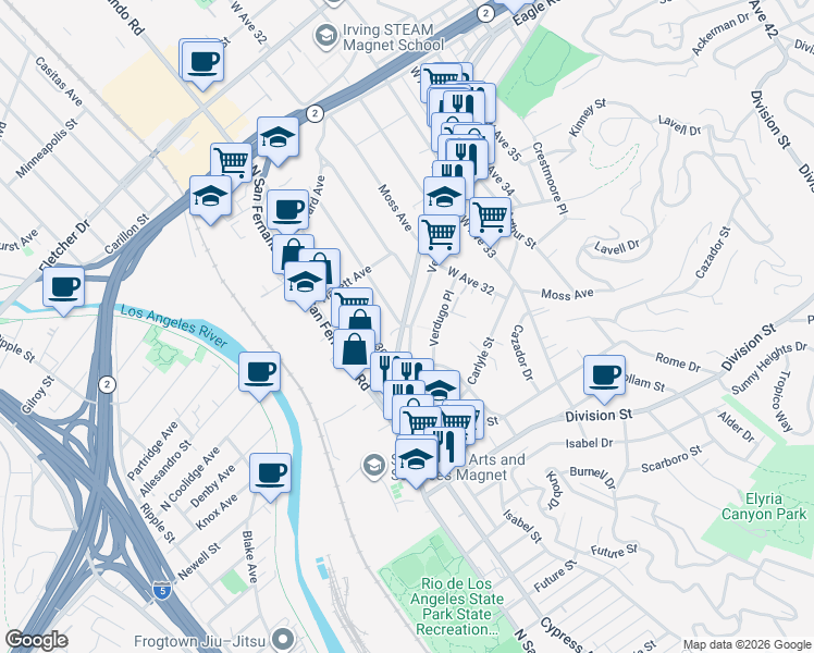 map of restaurants, bars, coffee shops, grocery stores, and more near West Avenue 31 in Los Angeles