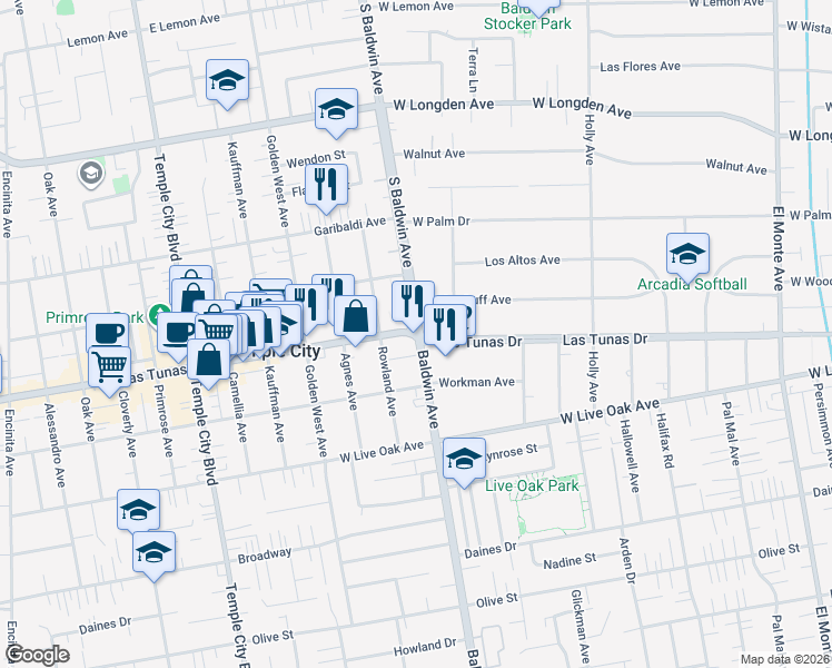 map of restaurants, bars, coffee shops, grocery stores, and more near S Baldwin Ave & Las Tunas Dr in Arcadia