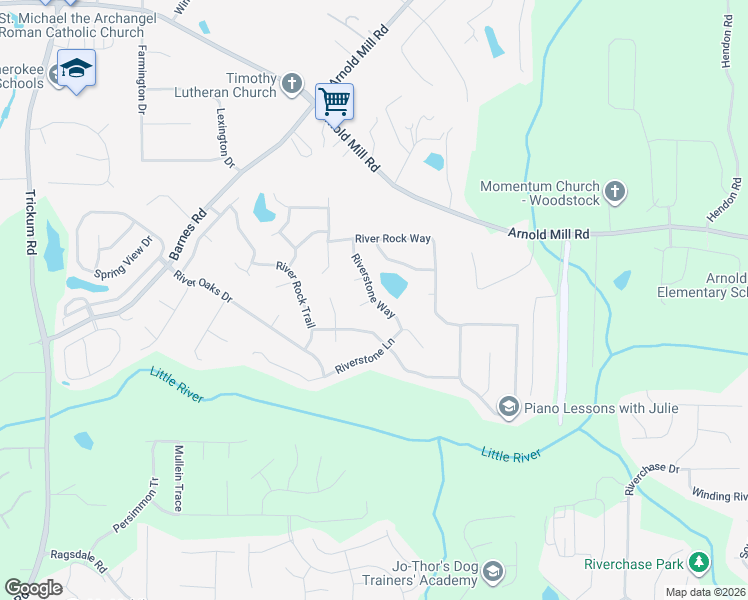 map of restaurants, bars, coffee shops, grocery stores, and more near 805 Riverstone Way in Woodstock