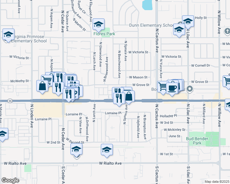 map of restaurants, bars, coffee shops, grocery stores, and more near 955 West Jasmine Way in Rialto