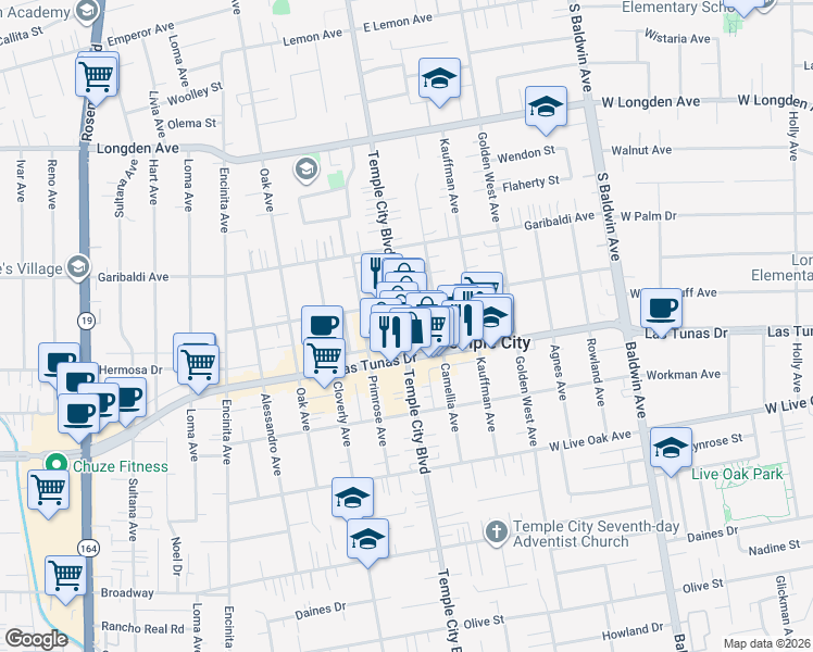 map of restaurants, bars, coffee shops, grocery stores, and more near 9622 Woodruff Avenue in Temple City