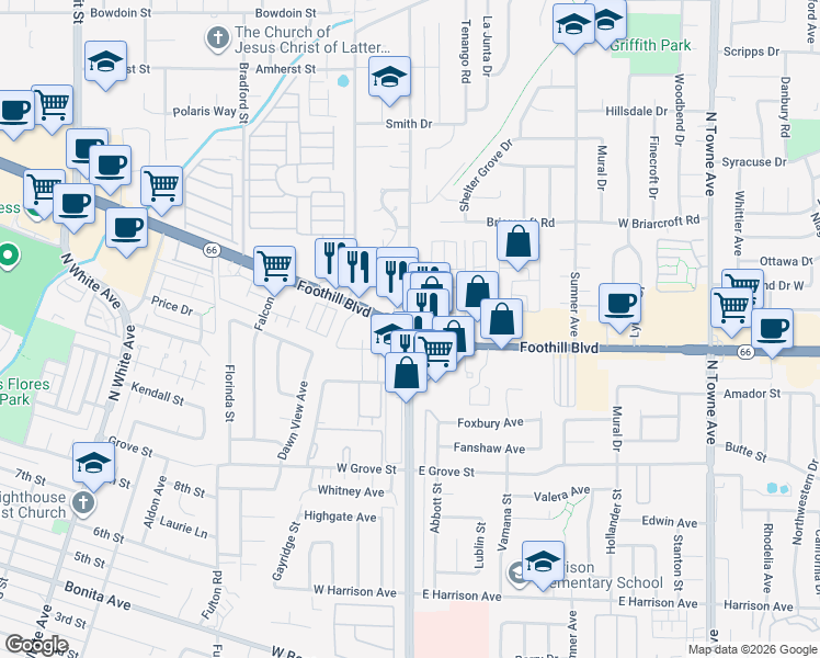 map of restaurants, bars, coffee shops, grocery stores, and more near 150 East Foothill Boulevard in Pomona