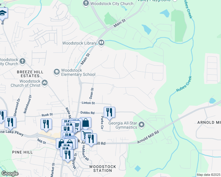 map of restaurants, bars, coffee shops, grocery stores, and more near 302 Herrington Court in Woodstock