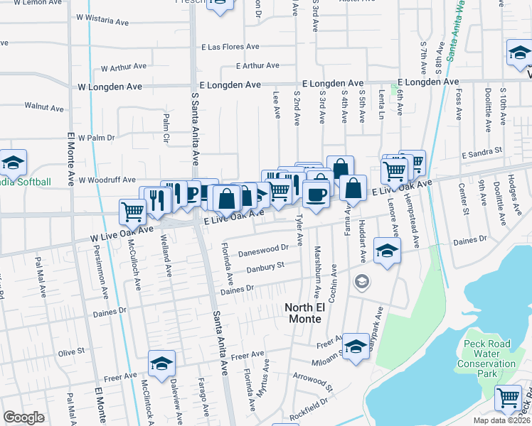 map of restaurants, bars, coffee shops, grocery stores, and more near 118 Live Oak Avenue in Arcadia