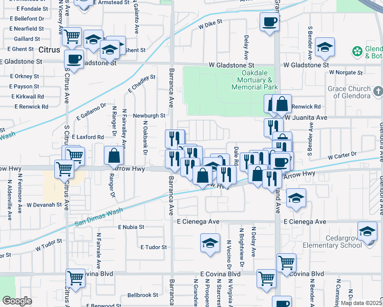 map of restaurants, bars, coffee shops, grocery stores, and more near 925 Bonita Avenue in Glendora