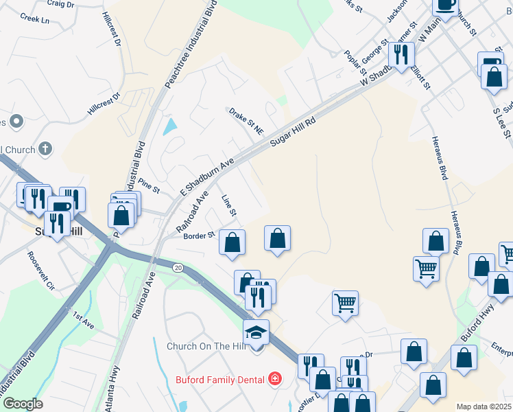 map of restaurants, bars, coffee shops, grocery stores, and more near 165 Westbrook Street Northeast in Buford