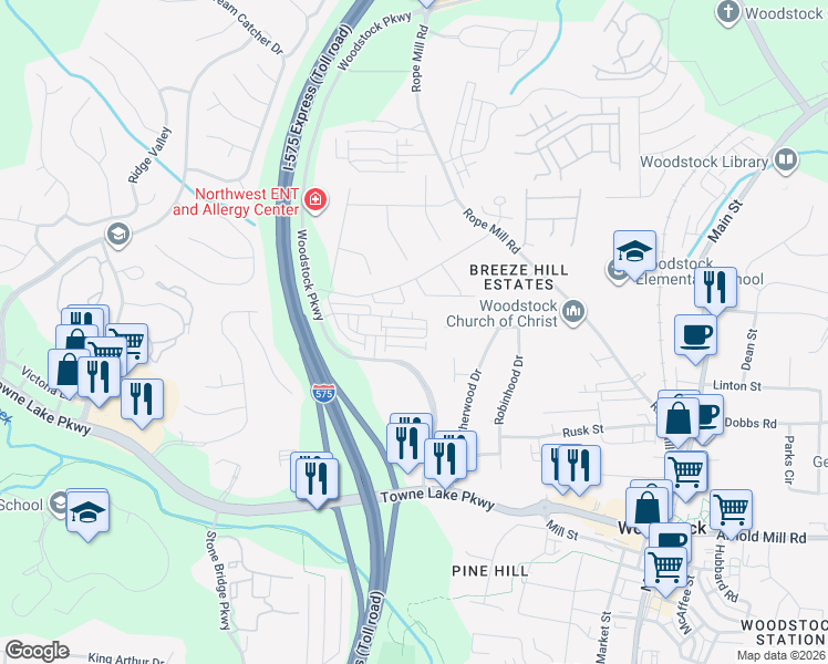 map of restaurants, bars, coffee shops, grocery stores, and more near 711 Robin Court in Woodstock