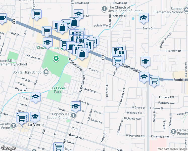 map of restaurants, bars, coffee shops, grocery stores, and more near 2555 Price Drive in La Verne
