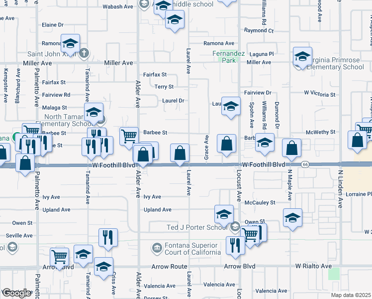 map of restaurants, bars, coffee shops, grocery stores, and more near 8042 Laurel Avenue in Fontana