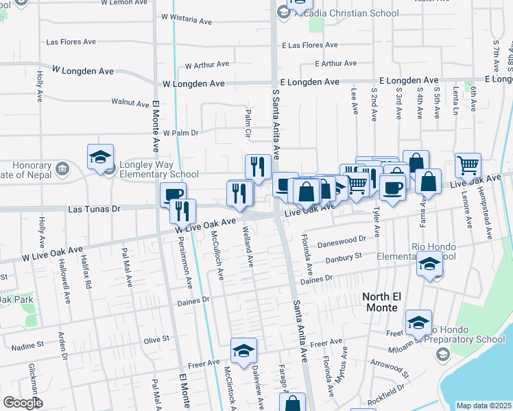 map of restaurants, bars, coffee shops, grocery stores, and more near 2626 Glamis Court in Arcadia