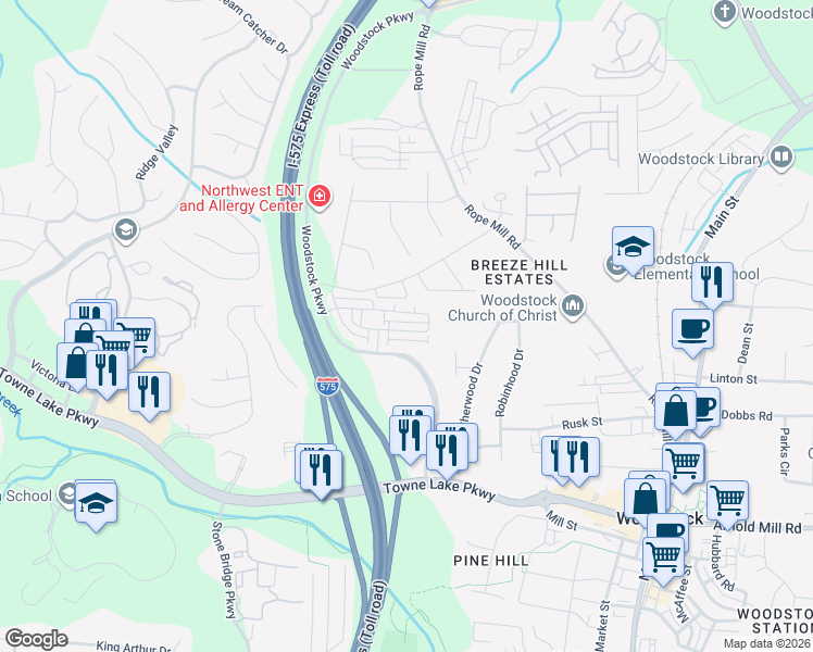 map of restaurants, bars, coffee shops, grocery stores, and more near 711 Robin Court in Woodstock