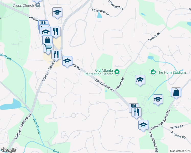 map of restaurants, bars, coffee shops, grocery stores, and more near 3349 Old Atlanta Road in Suwanee