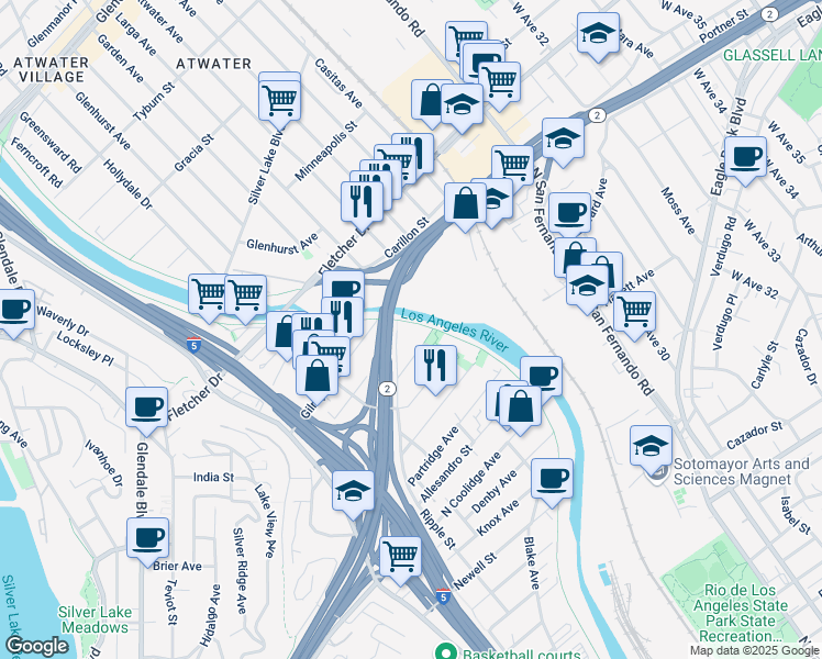 map of restaurants, bars, coffee shops, grocery stores, and more near 2976 Ripple Place in Los Angeles