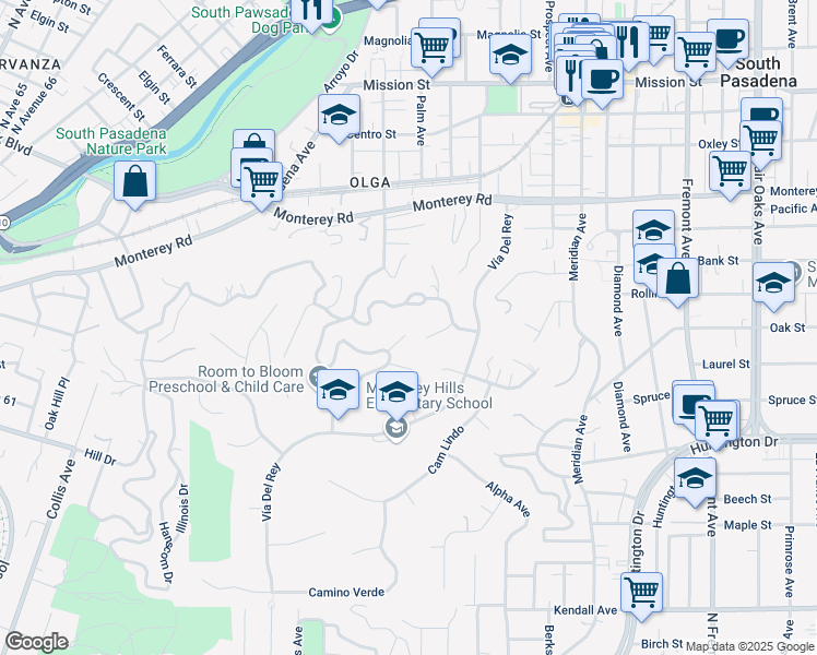 map of restaurants, bars, coffee shops, grocery stores, and more near 618 Indiana Place in South Pasadena