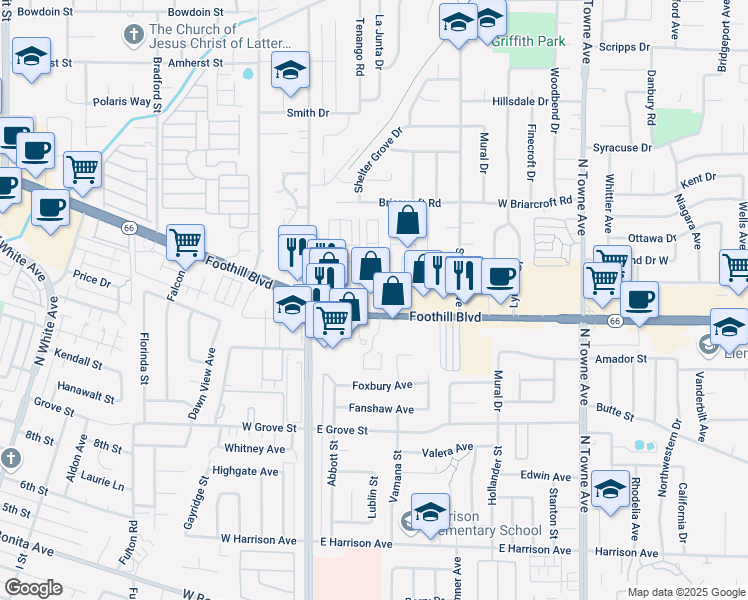 map of restaurants, bars, coffee shops, grocery stores, and more near 301 East Foothill Boulevard in Pomona
