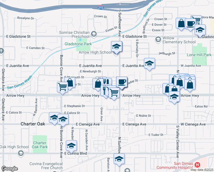 map of restaurants, bars, coffee shops, grocery stores, and more near 760 East Plymouth Street in Glendora