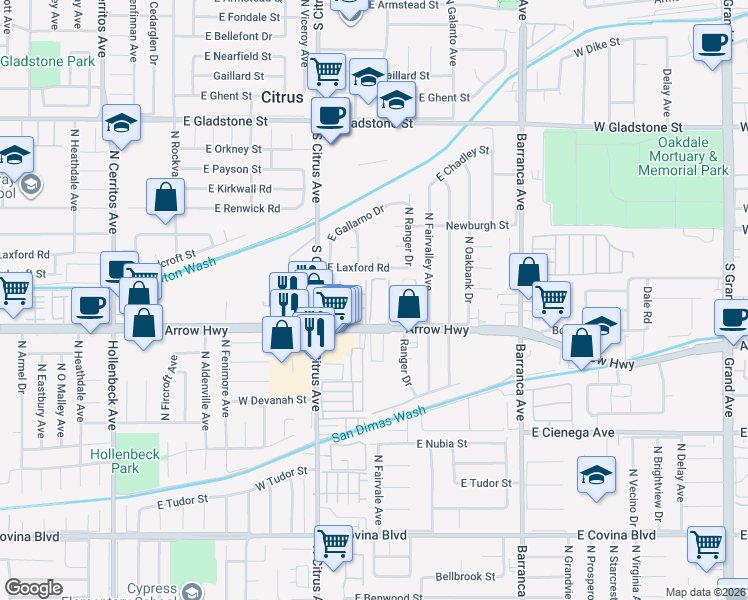 map of restaurants, bars, coffee shops, grocery stores, and more near 18608 East Laxford Road in Covina