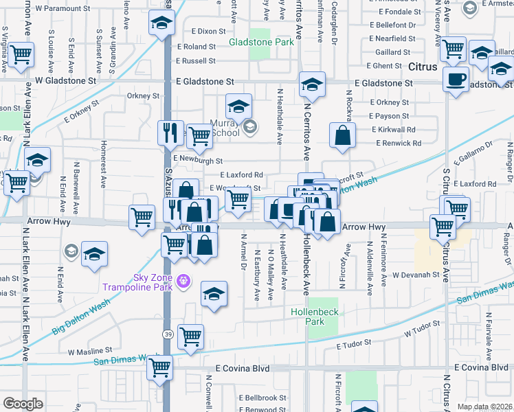 map of restaurants, bars, coffee shops, grocery stores, and more near 17832 East Woodcroft Street in Azusa