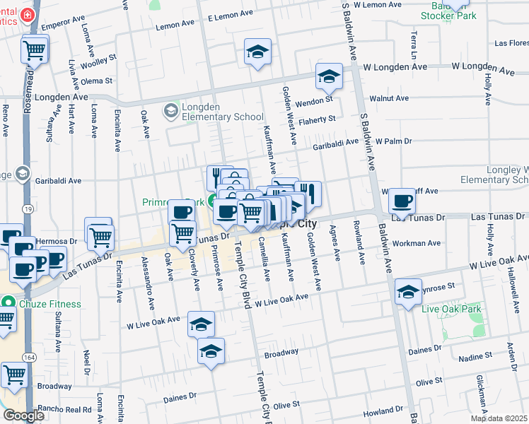 map of restaurants, bars, coffee shops, grocery stores, and more near 9660 Woodruff Avenue in Temple City